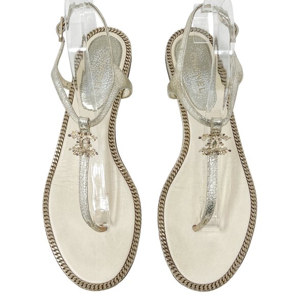 CHANEL Shoes - Chanel Beige Leather Gold Chain Trim Gemstone Gold Metal Logo Thong Flat Sandals